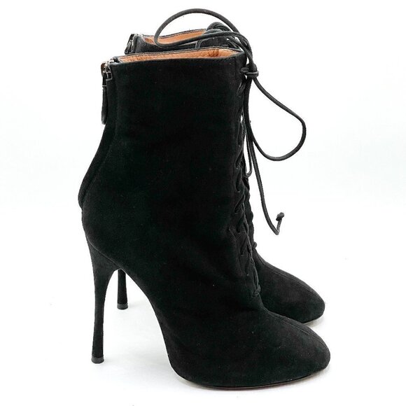 Azzedine Alaia Vintage Black Suede Back Zip Lace Up Heeled Boots Italy Size US6 - Picture 1 of 10